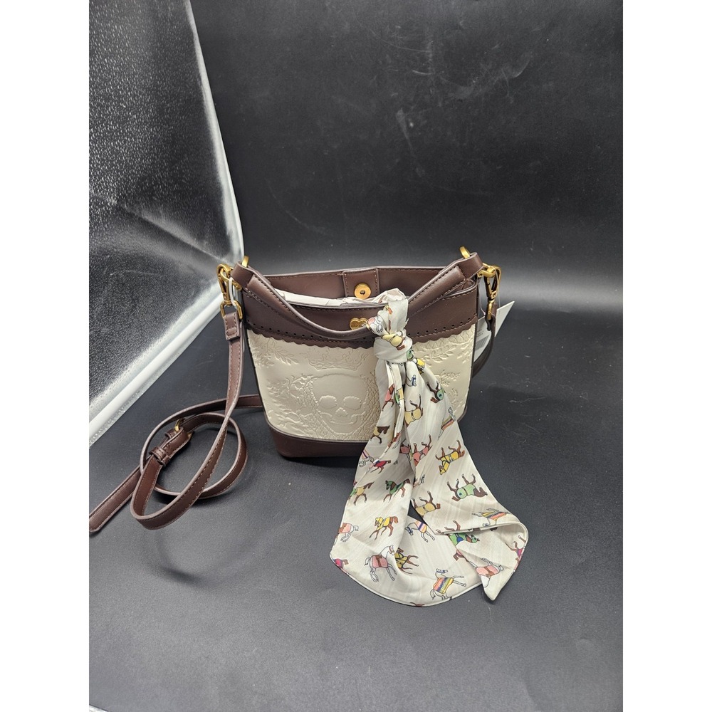 Betsey Johnson Brown/Ivory Embossed Skull Floral Crossbody W‎ Horse Bag Scarf